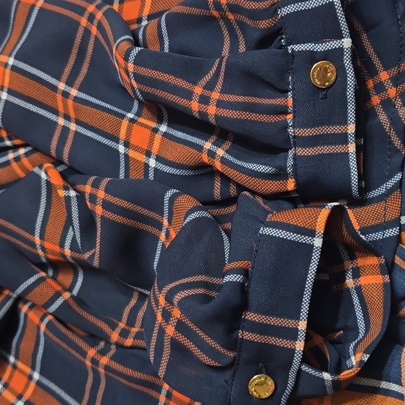 Michael Kors Button Down Tie Neck Plaid Blouse Navy Blue Orange & White - Picture 8 of 11